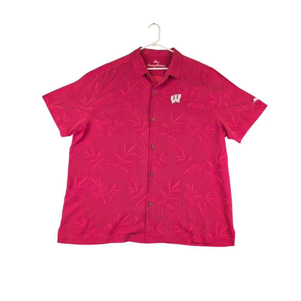 Tommy Bahama Mens Wisconsin Badgers Red‎ Silk Jacquard Camp Shirt XXL Tropical